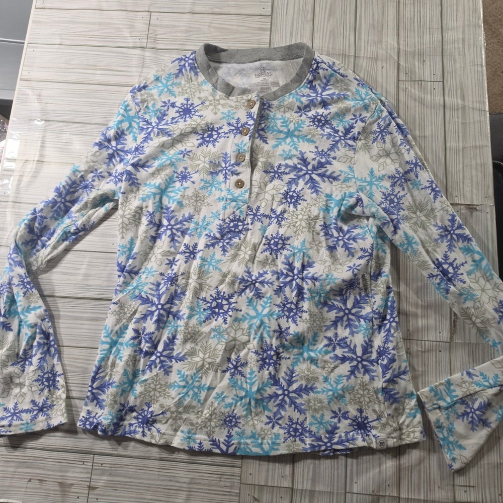 Honest Baby Clothing Womens Organic Cotton Snowflake Henley Top Blue Grey Medium
